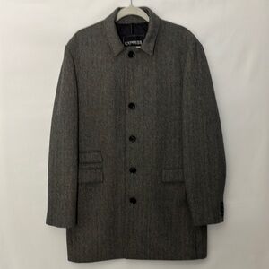 Express Men's Sz L Gray/Black Herringbone Trench Over Coat Wool Blend 5 Button
